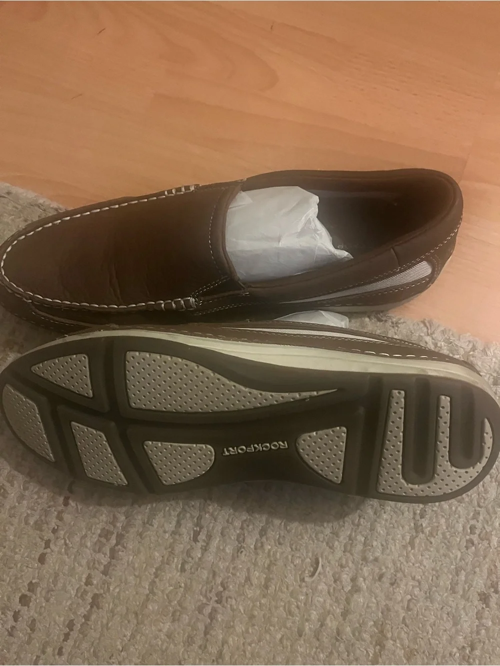 Rockport Brown Leather Slip-On Driving Loafers with White Stitching